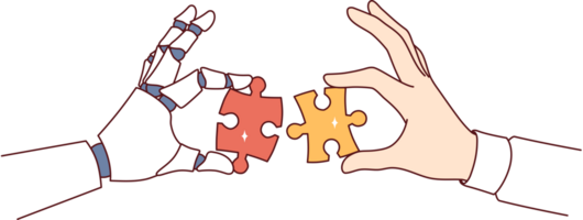 Collaboration between robot and human performing same task and holding different pieces of puzzle in hands. Synergy of robot with artificial intelligence and businessman to perform business tasks png