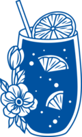 Glass of lemonade is decorated with small flowers from summer garden, with addition of lemon png