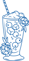 Cold milkshake in transparent glass with addition blueberries and ice cubes, decorated with flowers png