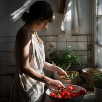 A woman in casual linen outfit standing cooking with vegetables and tomatoes on the table photo