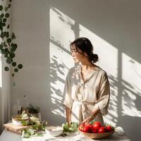 A woman in casual linen outfit standing cooking with vegetables and tomatoes on the table photo