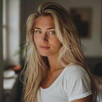 A beautiful blonde woman with long hair in a white tshirt looking at the camera and smiling photo