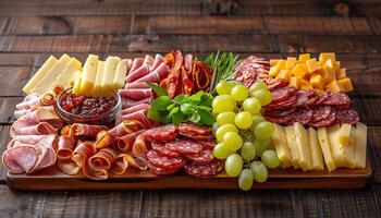 Antipasto catering platter with bacon jerky salami cheese and grapes on a wooden background photo