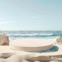 A round podium on the beach, surrounded by sand and sea in light beige tones photo