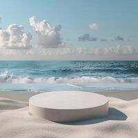 A round podium on the beach, surrounded by sand and sea in light beige tones photo