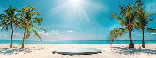 A round podium on the beach, surrounded by sand and sea in light beige tones photo