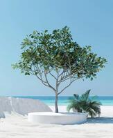 A round podium on the beach, surrounded by sand and sea in light beige tones photo