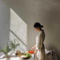 A woman in casual linen outfit standing cooking with vegetables and tomatoes on the table photo