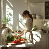 A woman in casual linen outfit standing cooking with vegetables and tomatoes on the table photo