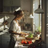 A woman in casual linen outfit standing cooking with vegetables and tomatoes on the table photo