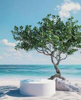 A round podium on the beach, surrounded by sand and sea in light beige tones photo