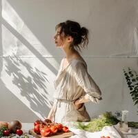A woman in casual linen outfit standing cooking with vegetables and tomatoes on the table photo
