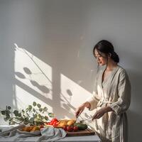 A woman in casual linen outfit standing cooking with vegetables and tomatoes on the table photo