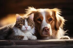 un perro y un gato mentira en el suelo siguiente a cada otro y descanso pacíficamente amistad Entre animales foto