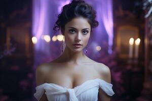 A woman in a white dress poses in a dimly lit room with purple lighting and candles in the background. Her hair is styled up and she wears earrings. photo