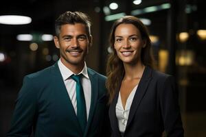 A man and a woman in professional attire stand side by side in an office environment. They are looking directly at the camera. photo