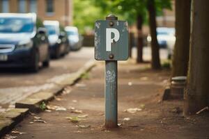 A parking sign stands in front of a row of parked cars in a lot. The vehicles are neatly aligned next to each other in an organized manner. photo