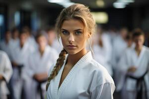 A focused young girl in a karate uniform with a black belt stands confidently at the forefront of her peers during training session. photo