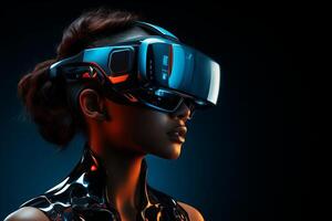 A woman immersed in virtual reality and augmented technology, wearing a headset and interacting with the digital world. photo