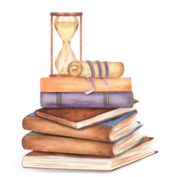 A pile of books with scroll and hourglass on top. Clipart elements on the topic of reading. Library, bookstore, bookshop, university, Hand-drawn watercolor illustrations. png