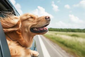 A Labrador Retriever leans out of a car window, eyes closed in contentment, relishing the sensation of the cool wind brushing through its fur photo