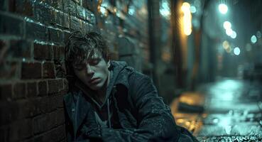 Intoxicated young man stumbling in dimly lit alleyway, leaning against brick wall. Cinematic Lighting, irregular composition, copy space, photo