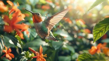 A hummingbird with wings that dissolve into a cascade of flowers and leaves, Cinematic Lighting, epic composition, copy space photo
