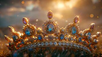 A diamond embedded in a crown, glinting with royal elegance, Cinematic Lighting, epic composition, copy space photo