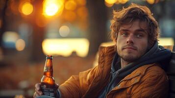 Young man with disoriented expression sitting on a park bench, holding a bottle of beer. Cinematic Lighting, irregular composition, copy space, photo
