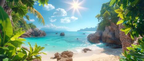 A sun-drenched coastline with turquoise sea and blue sky, framed by lush greenery, Cinematic Lighting, epic composition, copy space photo