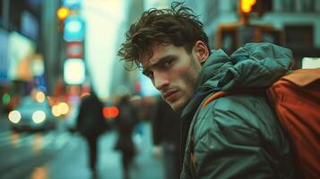 Young man stumbling on a city sidewalk, holding onto a lamp post for balance, with blurred pedestrians passing by. Cinematic Lighting, irregular composition, copy space, photo