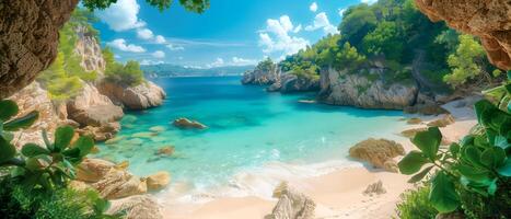 A secluded cove reveals a hidden paradise. Turquoise water laps at a smooth, white pebble beach, reflecting the vibrant blue sky above. Lush vegetation borders the shoreline, creating a natural frame photo