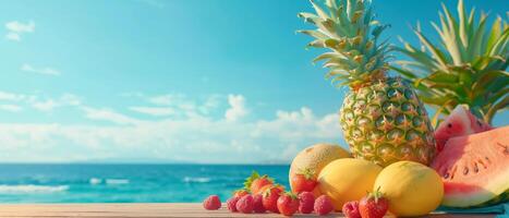 Freshly sliced pineapple and watermelon on a wooden table by the turquoise sea under a clear blue sky, Cinematic Lighting, epic composition, copy space photo
