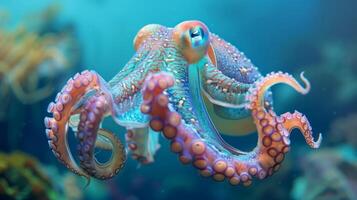 Underwater shot of tentacles of a cuttlefish camouflaged against a coral reef, cinematic lighting, irregular composition photo