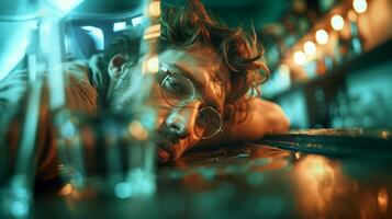 Drunk man slumped over a bar counter, surrounded by empty glasses and dimly lit by overhead lamps. Cinematic Lighting, irregular composition, copy space, photo