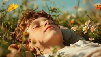 Child lying in a field of wildflowers, eyes closed, imagining fantastical scenes in the clouds above, cinematic lighting, irregular composition photo