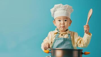 Asian toddler dressed as a chef, holding a wooden spoon and stirring a large pot with a look of concentration. Studio Lighting, portrait shot, copy space, flat background photo