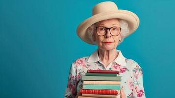 A senior woman dressed as a librarian, holding a stack of books, Studio Lighting, portrait shot, copy space, flat background photo
