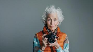 A senior woman wearing a photographer's vest, holding a camera, Studio Lighting, portrait shot, copy space, flat background photo