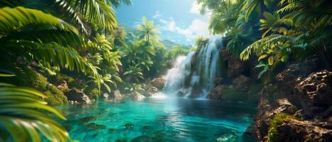 A refreshing plunge into a hidden waterfall reveals a natural paradise. Crystal-clear turquoise water cascades down moss-covered rocks, forming a cool and inviting pool. Lush vegetation surrounds the photo