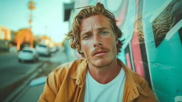 Portrait of a man with disheveled hair and wrinkled clothes, standing against a graffiti-covered wall. Cinematic Lighting, irregular composition, copy space, photo