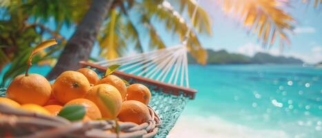A hammock strung between palm trees with a basket of tropical fruits beside it, overlooking the turquoise sea and blue sky, Cinematic Lighting, epic composition, copy space photo