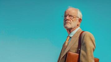 A senior man in a business suit, holding a briefcase, Studio Lighting, portrait shot, copy space, flat background photo