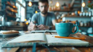 Writer brainstorming ideas in a cozy cafe, surrounded by notebooks and coffee cups, capturing the essence of literary imagination, cinematic lighting, irregular composition photo