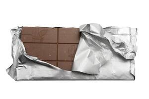 Top view of a milk chocolate bar in foil. Isolated on a white background. Chocolate wrapped in foil, clipping path, isolated on white background. photo
