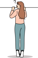 Curious woman peeks out from behind fence, standing on tiptoes to spy on neighbors. Curious girl does not understand what is happening and suffers due to lack of information that raises new questions. png