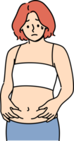 Woman is frightened by appearance of belly fat and afraid of gaining excess weight after changing diet. Thin girl thinks she has become fat, suffering from psychological problems and low self-esteem png