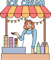 Woman sells ice cream in street stall and makes gesture inviting you to try cold dessert. Girl selling ice cream in waffle cones with addition of sweet syrups to quench summer thirst png