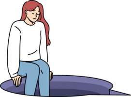 Depression in woman sitting on edge of abyss in form of speech bubble, as metaphor for complex conversation. Introvert girl experiences frustration and negative emotions due to upcoming conversation. png