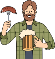 Man with mug of beer in hands and Bavarian sausage smiles, visiting pub or tavern to relax after working week. Happy guy participating in oktoberfest enjoying taste of foamy beer and meat snacks png